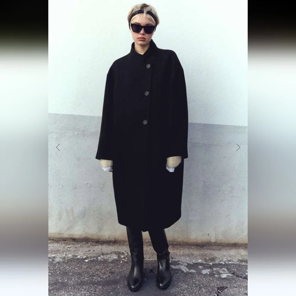Zara Black Wool Blend High Collar Coat - Picture 5 of 11